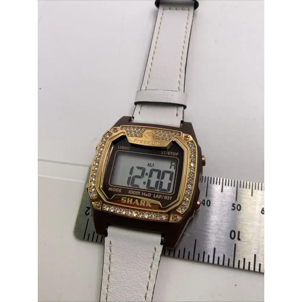 Freestyle Shark Rosegold Rhinestone White Leather Band Surfing Watch New Battery